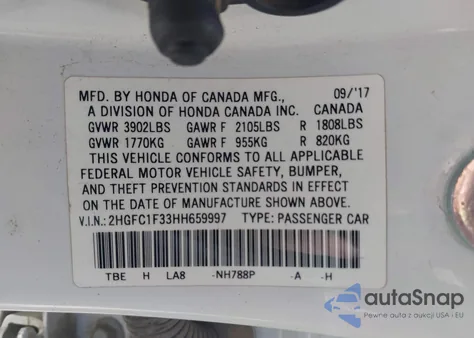 2017 Honda Civic Ex-T from USA, damaged, VIN 2HGFC1F33HH659997